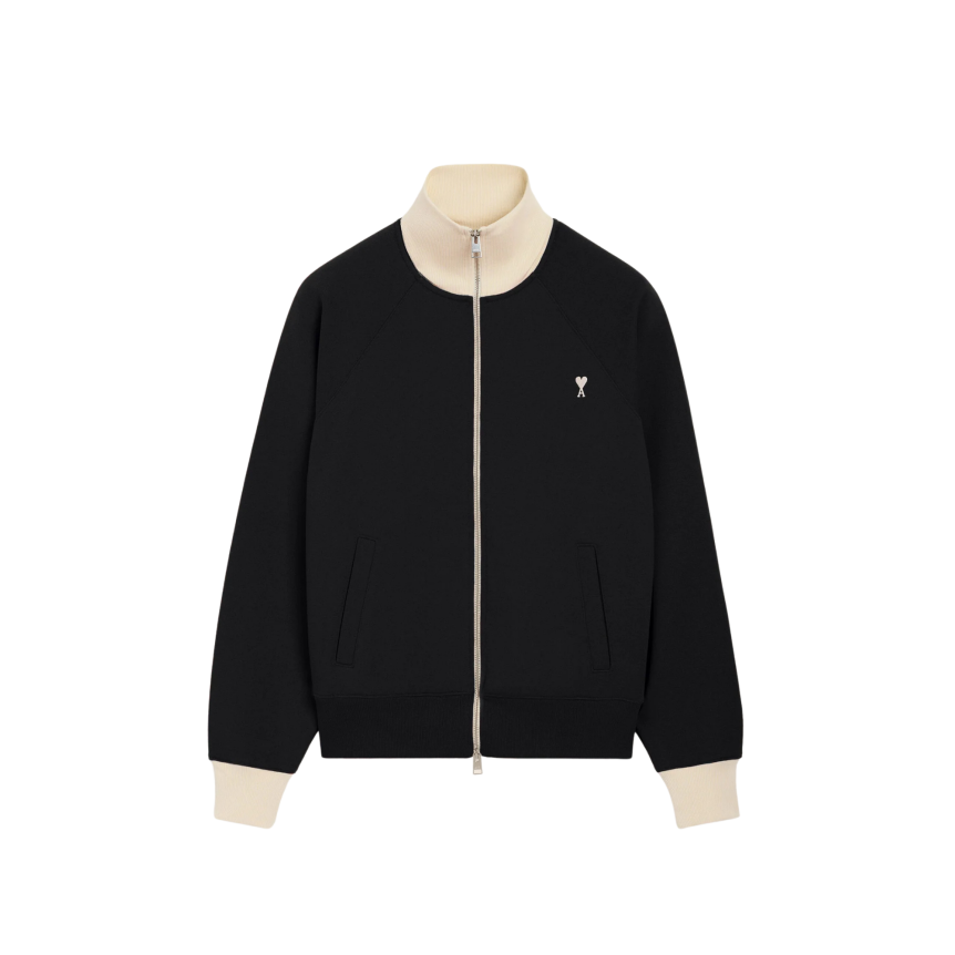 Sweat-shirt zippé AMI Paris en molleton de coton léger non gratté noir bordure col écru broderie cœur blanc