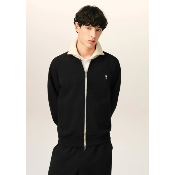 Sweat-shirt zippé AMI Paris en molleton de coton léger non gratté noir bordure col écru broderie cœur blanc