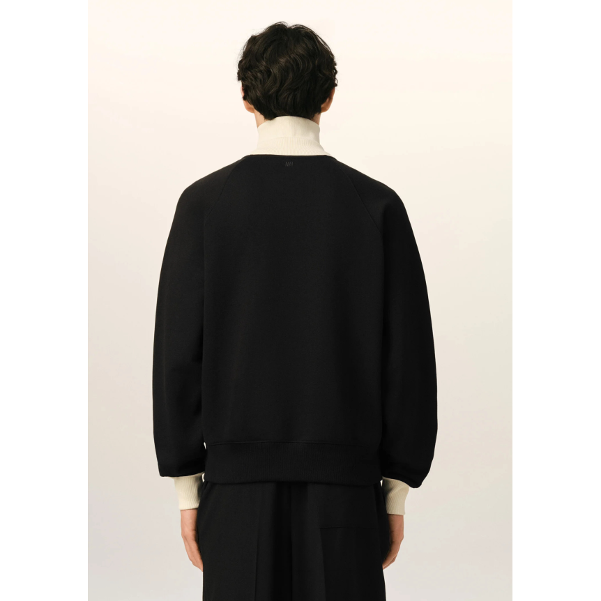 Sweat-shirt zippé AMI Paris en molleton de coton léger non gratté noir bordure col écru broderie cœur blanc