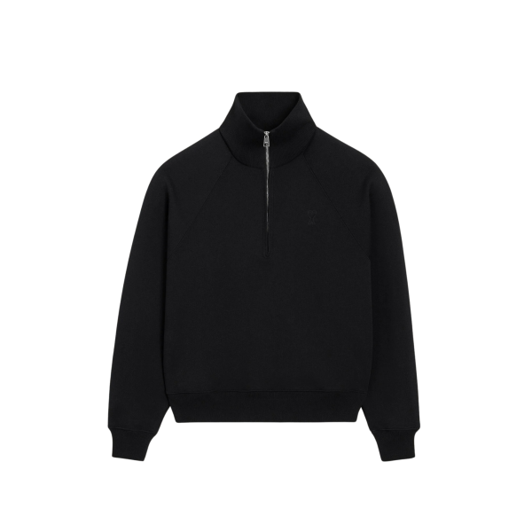 Sweatshirt demi zip col AMI Paris en molleton de coton non gratté noir cœur noir embossé