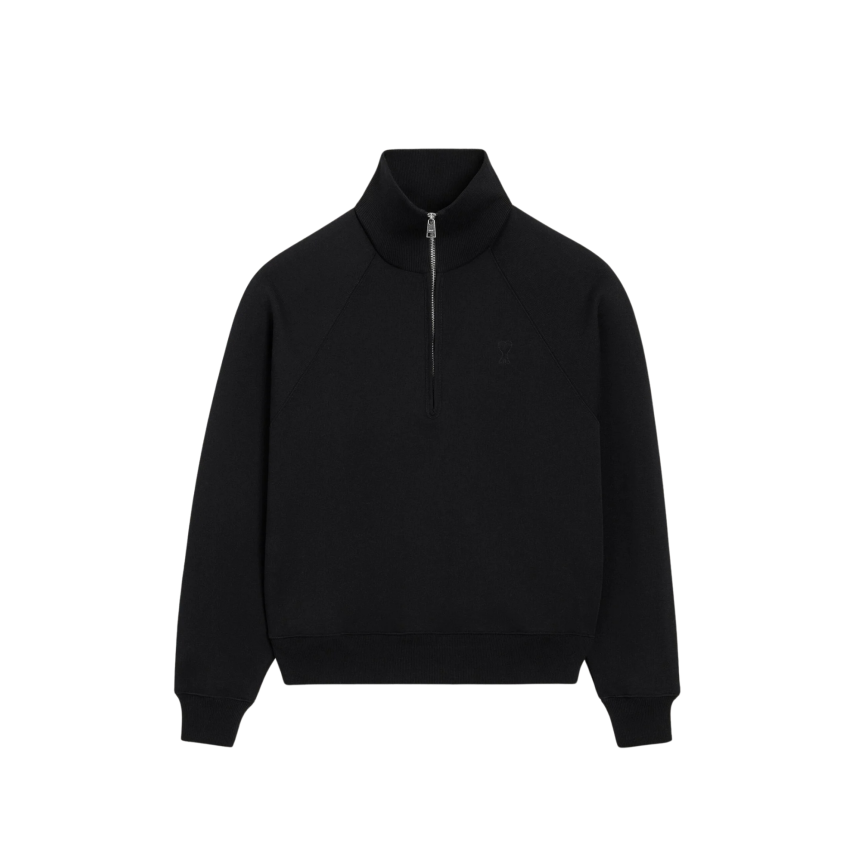 Sweatshirt demi zip col AMI Paris en molleton de coton non gratté noir cœur noir embossé