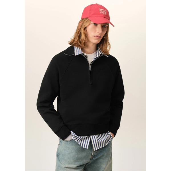 Sweatshirt demi zip col AMI Paris en molleton de coton non gratté noir cœur noir embossé