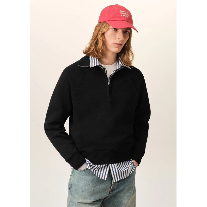 Sweatshirt demi zip col AMI Paris en molleton de coton non gratté noir cœur noir embossé