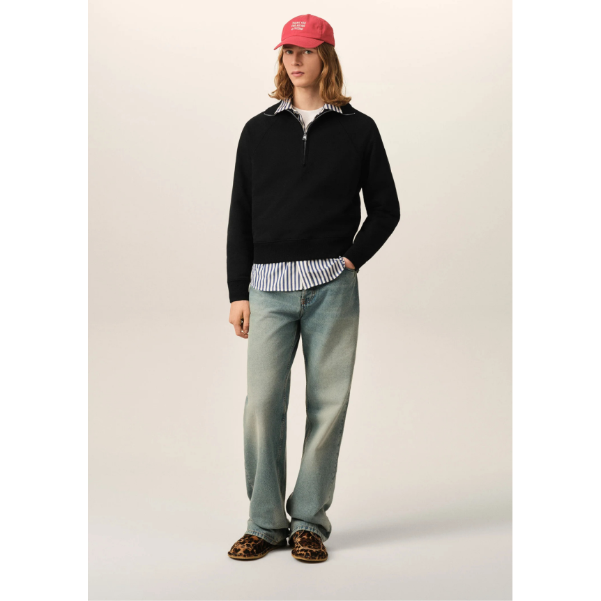 Sweatshirt demi zip col AMI Paris en molleton de coton non gratté noir cœur noir embossé