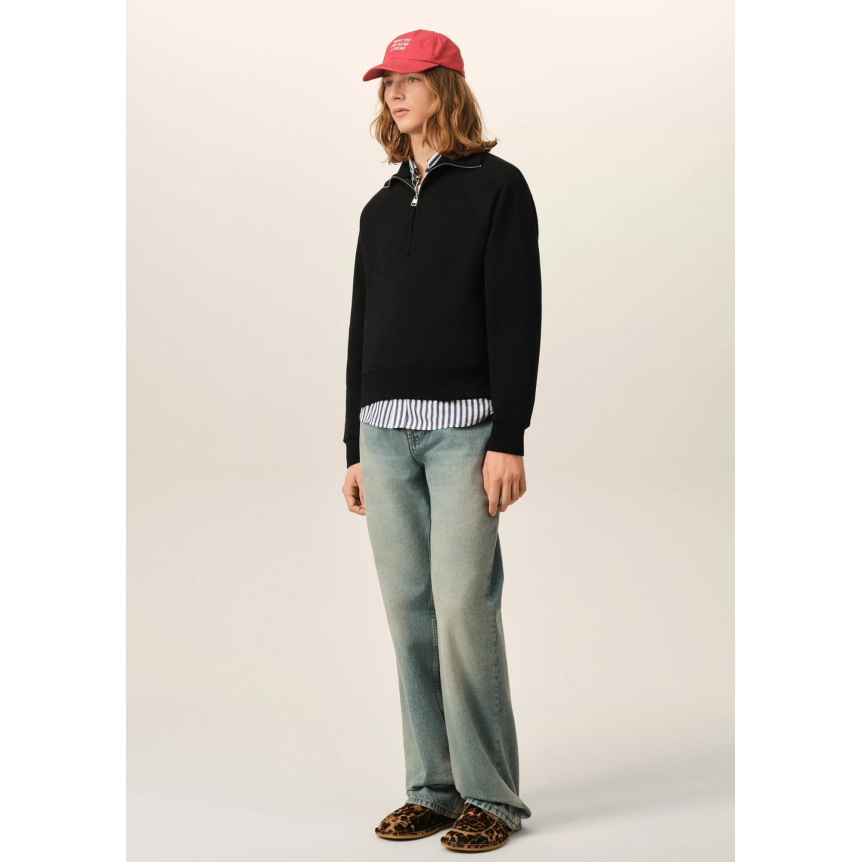 Sweatshirt demi zip col AMI Paris en molleton de coton non gratté noir cœur noir embossé