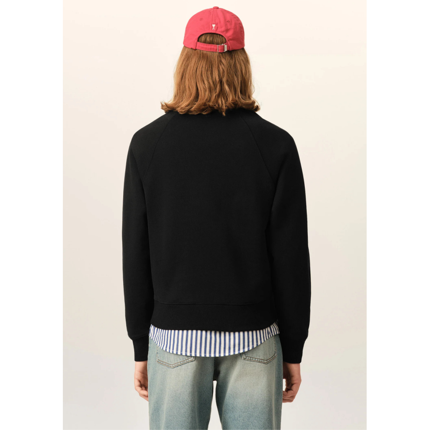 Sweatshirt demi zip col AMI Paris en molleton de coton non gratté noir cœur noir embossé