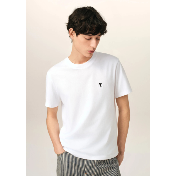 T-shirt col rond manche courte AMI Paris jersey de coton blanc broderie cœur noir