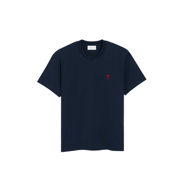T-shirt manche courte AMI Paris col rond jersey de coton bleu marine broderie cœur rouge
