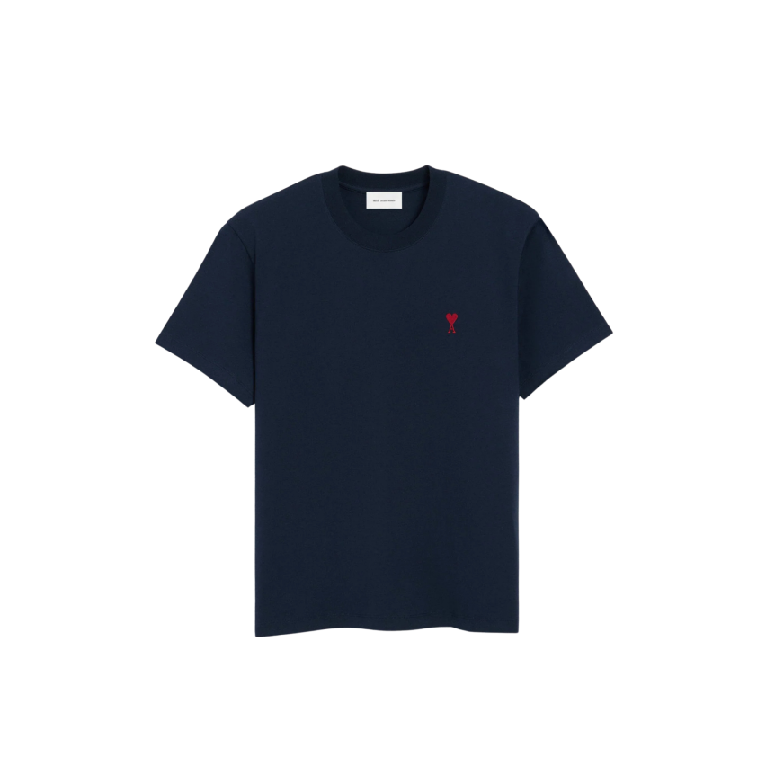 T-shirt manche courte AMI Paris col rond jersey de coton bleu marine broderie cœur rouge