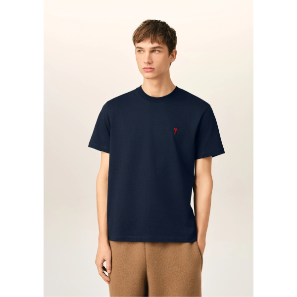T-shirt manche courte AMI Paris col rond jersey de coton bleu marine broderie cœur rouge