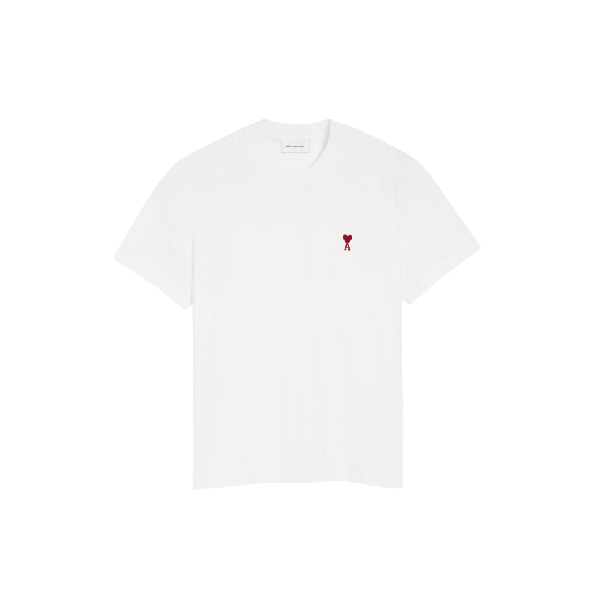 T-shirt manche courte  AMI Paris col rond jersey de coton blanc broderie cœur rouge