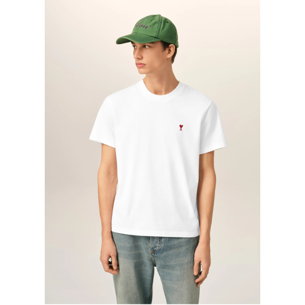 T-shirt manche courte  AMI Paris col rond jersey de coton blanc broderie cœur rouge