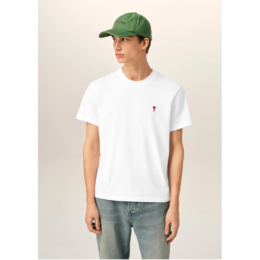 T-shirt manche courte  AMI Paris col rond jersey de coton blanc broderie cœur rouge
