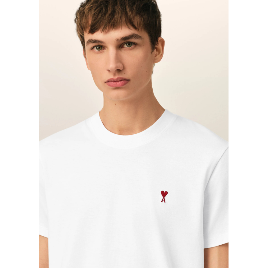 T-shirt manche courte  AMI Paris col rond jersey de coton blanc broderie cœur rouge