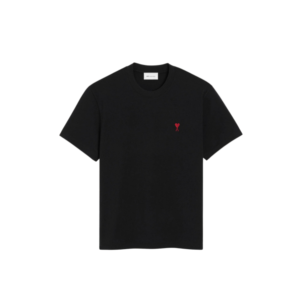 T-shirt manche courte AMI Paris col rond jersey de coton noir broderie cœur rouge