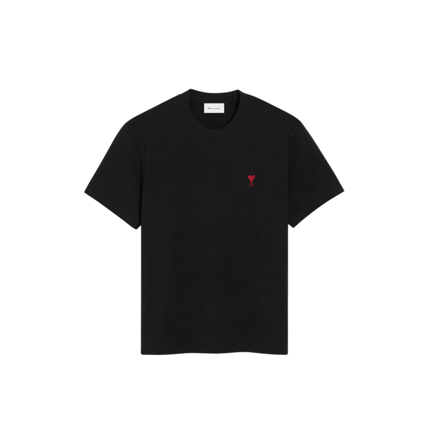 T-shirt manche courte AMI Paris col rond jersey de coton noir broderie cœur rouge