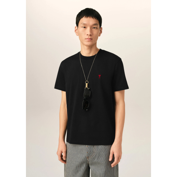 T-shirt manche courte AMI Paris col rond jersey de coton noir broderie cœur rouge