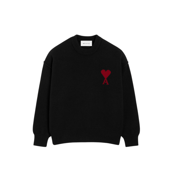Pull col rond AMI Paris laine noir gros cœur rouge