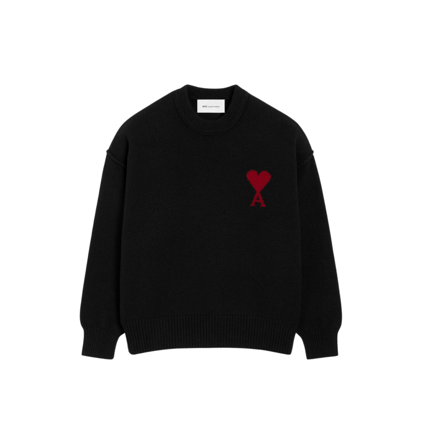 Pull col rond AMI Paris laine noir gros cœur rouge