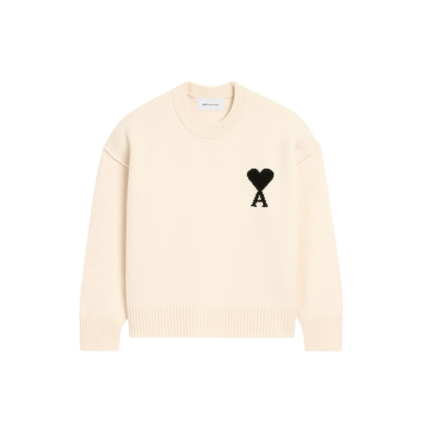 Pull col rond AMI Paris laine écru gros cœur noir