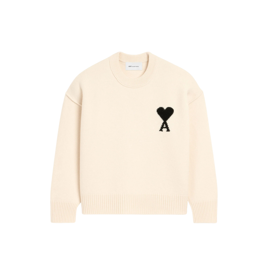 Pull col rond AMI Paris laine écru gros cœur noir