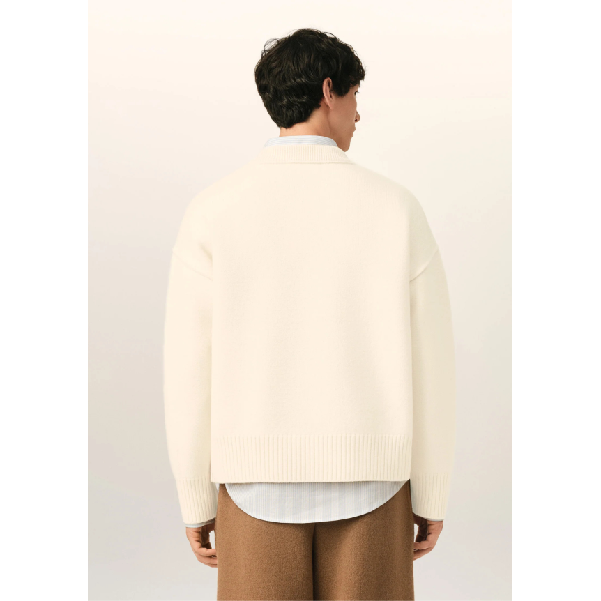 Pull col rond AMI Paris laine écru gros cœur noir