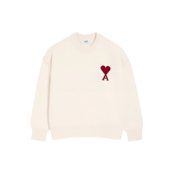 Pull col rond AMI Paris laine écru gros cœur rouge