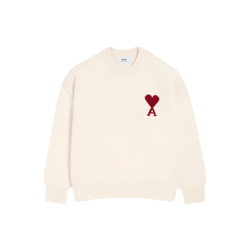 Pull col rond AMI Paris laine écru gros cœur rouge