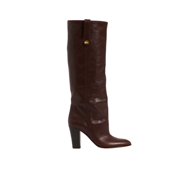 Bottes à talon CHLOE Anouk cuir veau marron chocolat bride métal doré