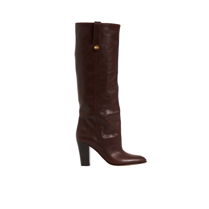 Bottes à talon CHLOE Anouk cuir veau marron chocolat bride métal doré