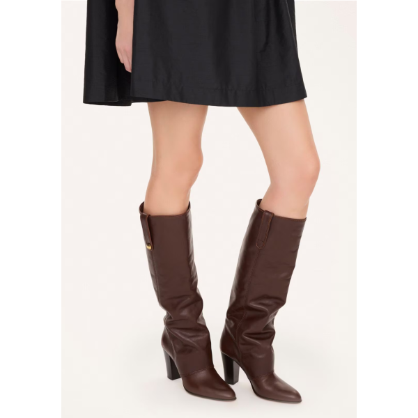 Bottes à talon CHLOE Anouk cuir veau marron chocolat bride métal doré