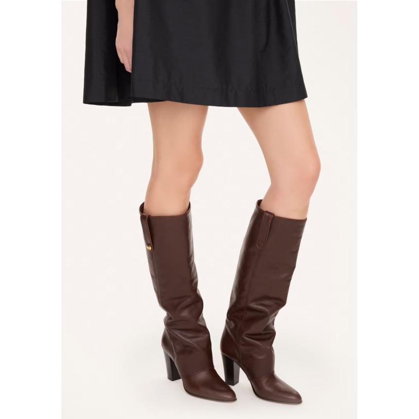Bottes à talon CHLOE Anouk cuir veau marron chocolat bride métal doré