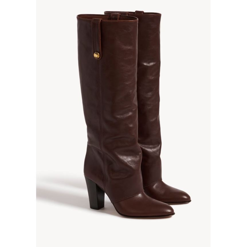 Bottes à talon CHLOE Anouk cuir veau marron chocolat bride métal doré