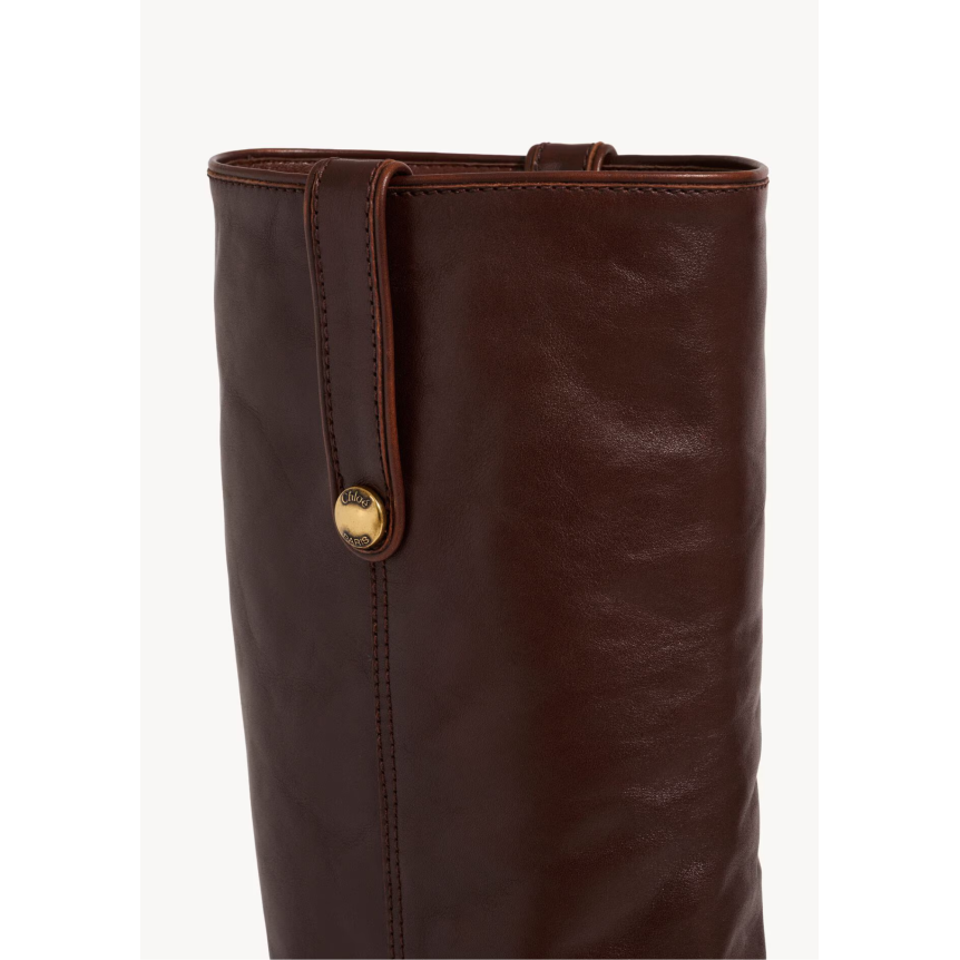 Bottes à talon CHLOE Anouk cuir veau marron chocolat bride métal doré