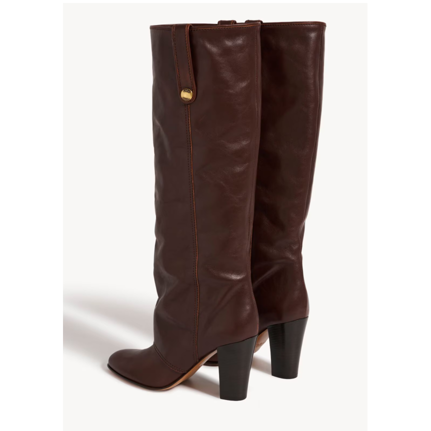 Bottes à talon CHLOE Anouk cuir veau marron chocolat bride métal doré
