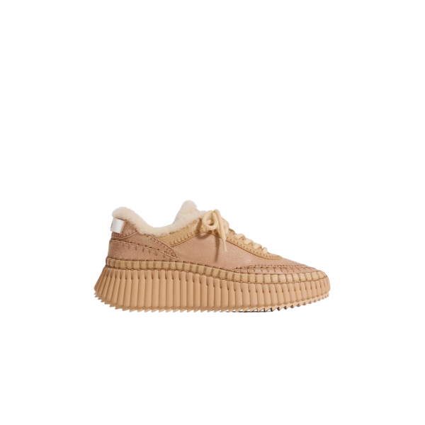 CHLOE Baskets Nama cuir chêvre craquelé marron clair intérieur fourrure shearling écru