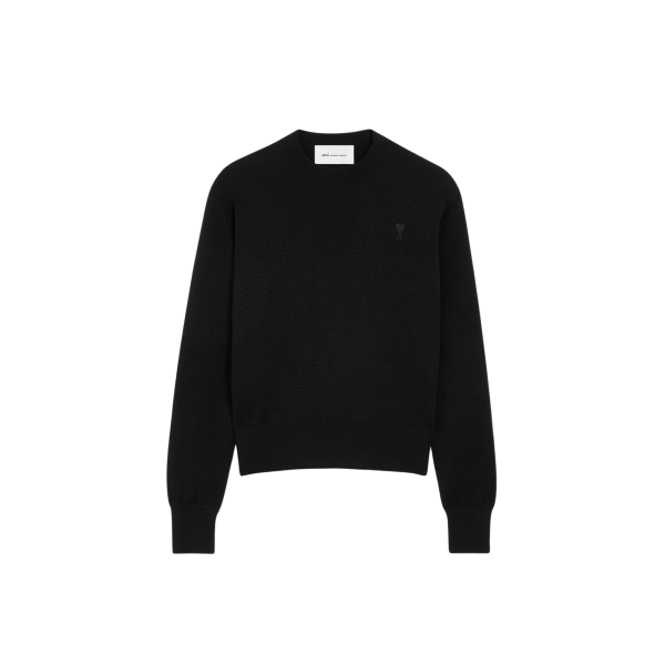 Pull col rond AMI Paris en maille laine mérinos noir broderie cœur noir