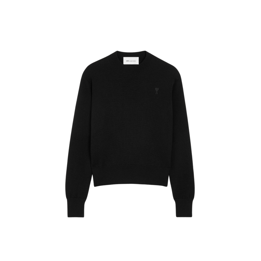 Pull col rond AMI Paris en maille laine mérinos noir broderie cœur noir