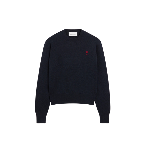 Pull col rond AMI Paris en maille laine mérinos bleu marine broderie cœur rouge