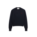 Pull col rond en maille laine mérinos bleu marine broderie cœur rouge
