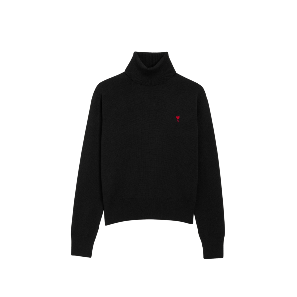 Pull col roulé AMI Paris en maille lainé mérinos noir broderie cœur rouge