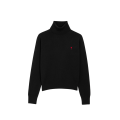 Pull col roulé en maille lainé mérinos noir broderie cœur rouge
