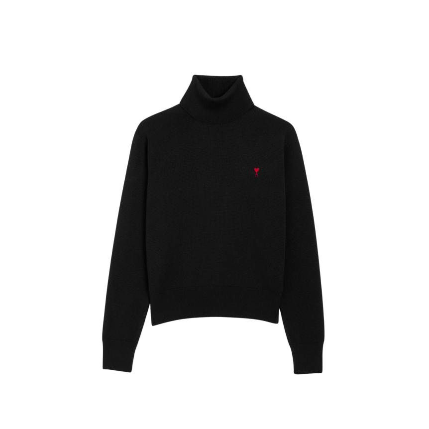 Pull col roulé AMI Paris en maille lainé mérinos noir broderie cœur rouge