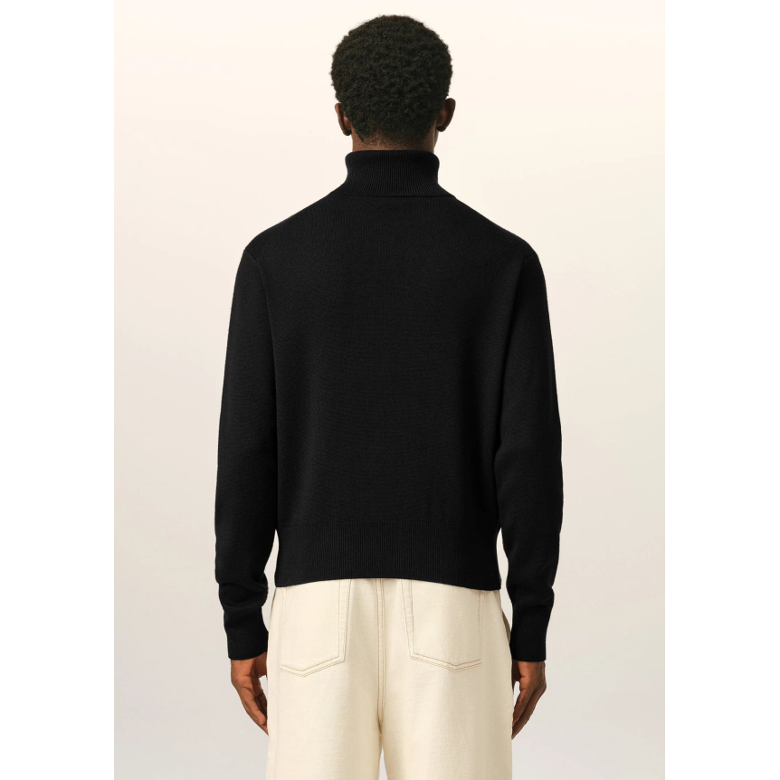Pull col roulé AMI Paris en maille lainé mérinos noir broderie cœur rouge