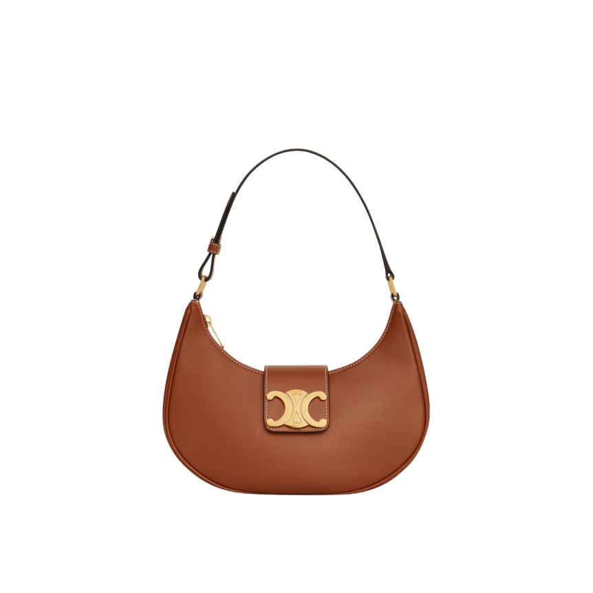 Sac porté Epaule CELINE Ava médium demi lune cuir veau lisse tan marron triomphe doré