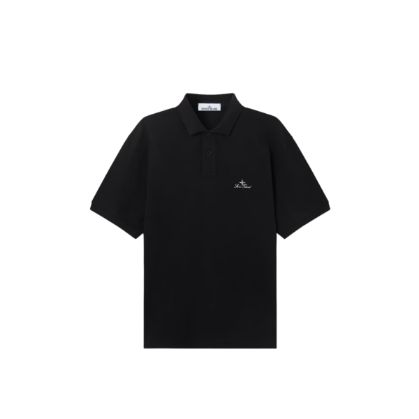 Polo manche courte STONE ISLAND en piqué de coton bio noir broderie héritage