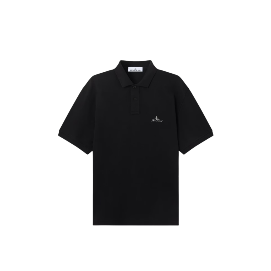 Polo manche courte STONE ISLAND en piqué de coton bio noir broderie héritage