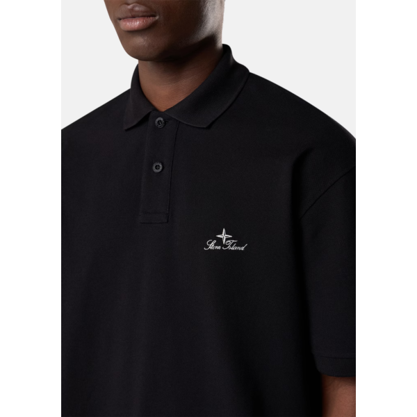 Polo manche courte STONE ISLAND en piqué de coton bio noir broderie héritage
