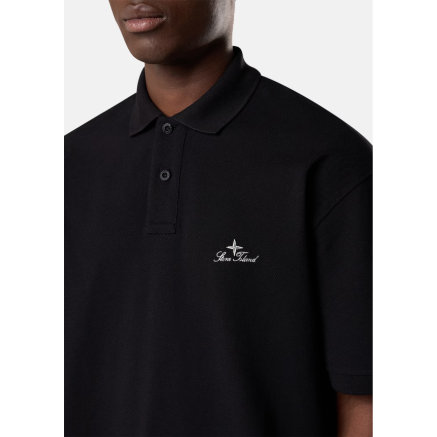 Polo manche courte STONE ISLAND en piqué de coton bio noir broderie héritage