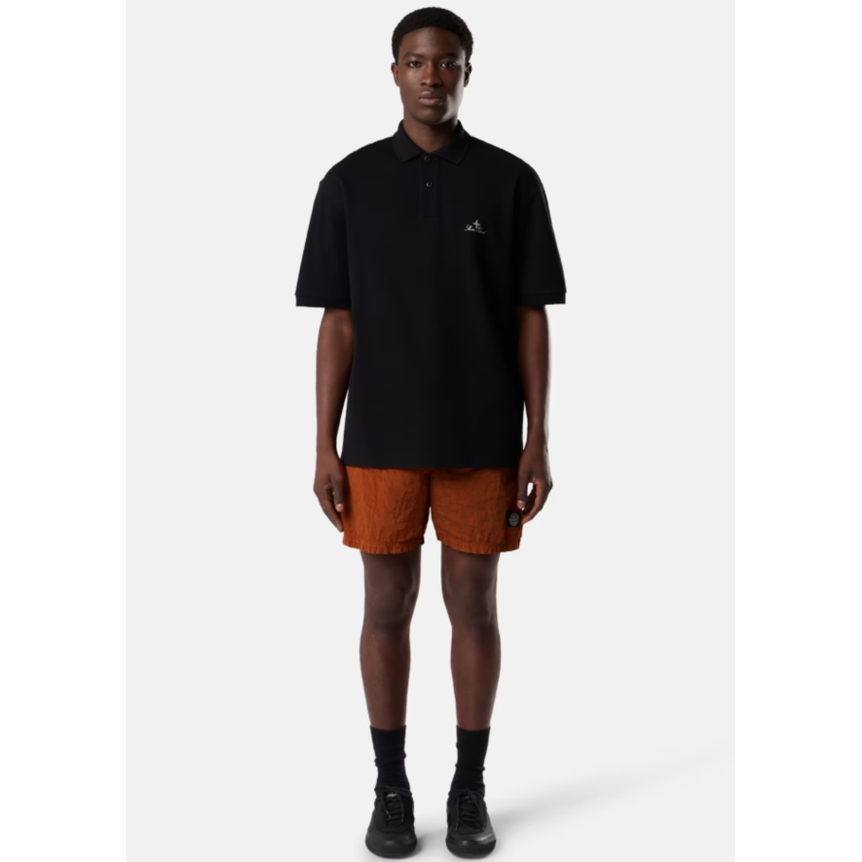 Polo manche courte STONE ISLAND en piqué de coton bio noir broderie héritage